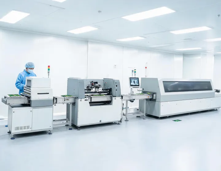 SMT production line with printer, mounter, AOI and reflow oven on a conveyor
